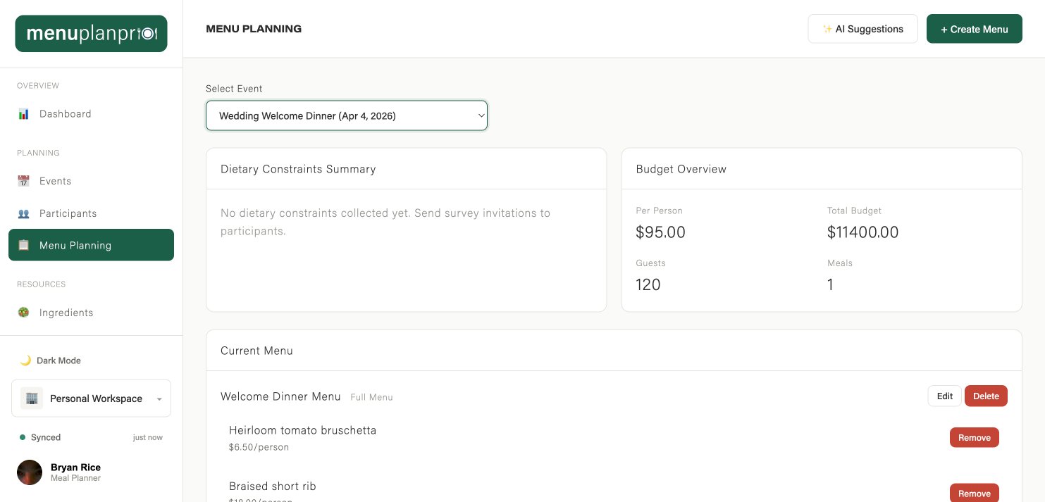 Menu planning view with budget overview and AI-powered suggestions