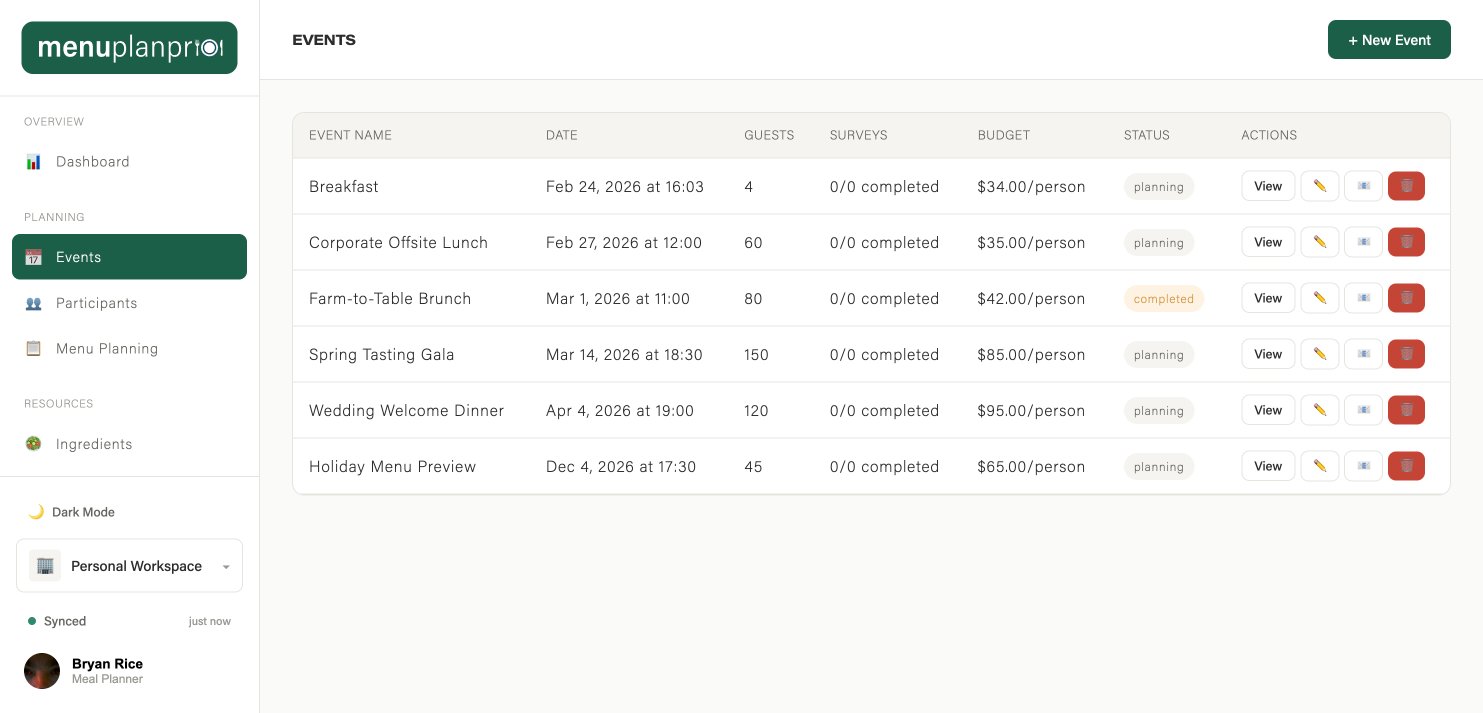 Events list showing dates, budgets, and status for each catering event